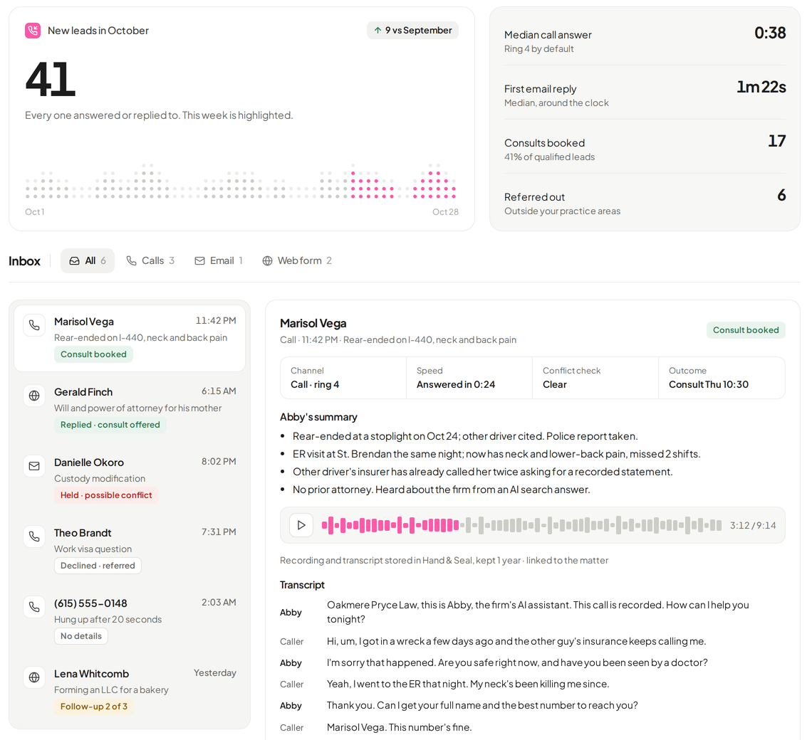 Concept screen of the intake inbox: a list of calls, emails and web forms, with one call open showing its summary, recording and transcript