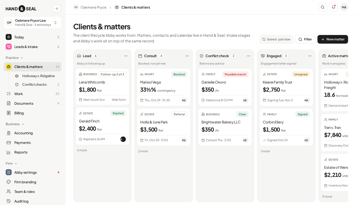 Concept screen of the practice platform: a board of leads, consults, conflict checks, engaged clients and active matters, with navigation for intake, work, documents, billing, accounting, payments, reports, team and branding
