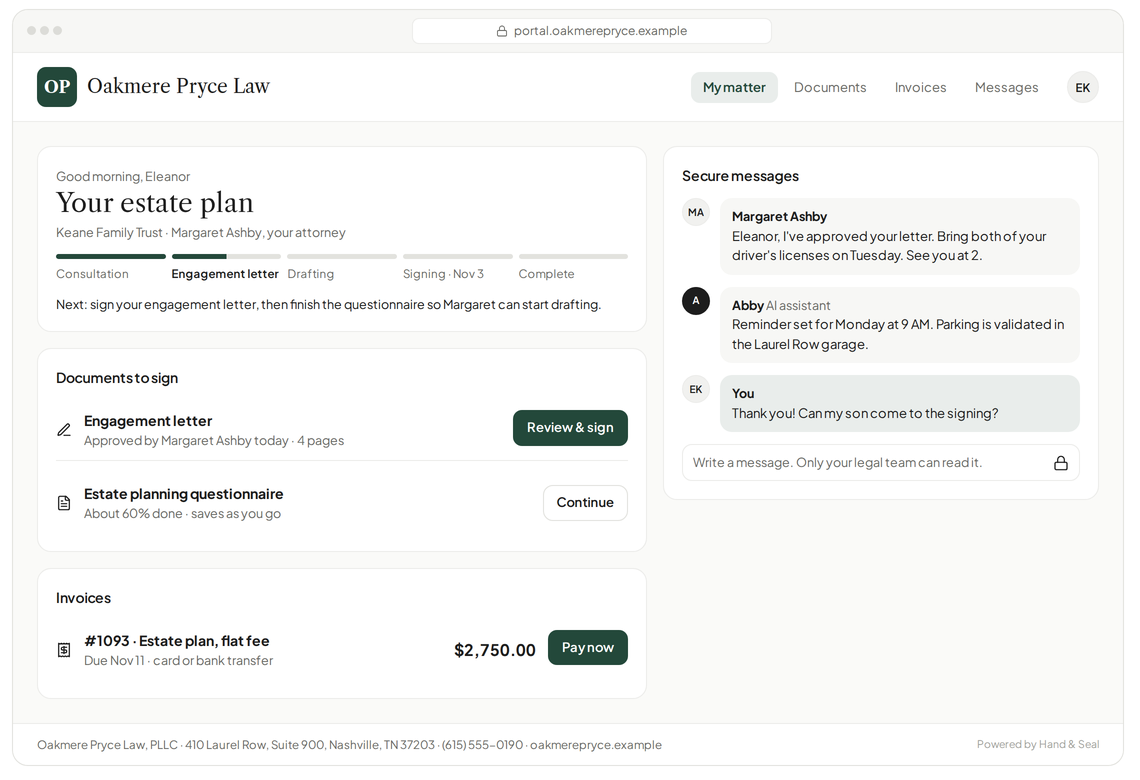 Concept screen of a client portal in a fictional firm's branding, showing matter progress, documents to sign, an invoice and secure messages