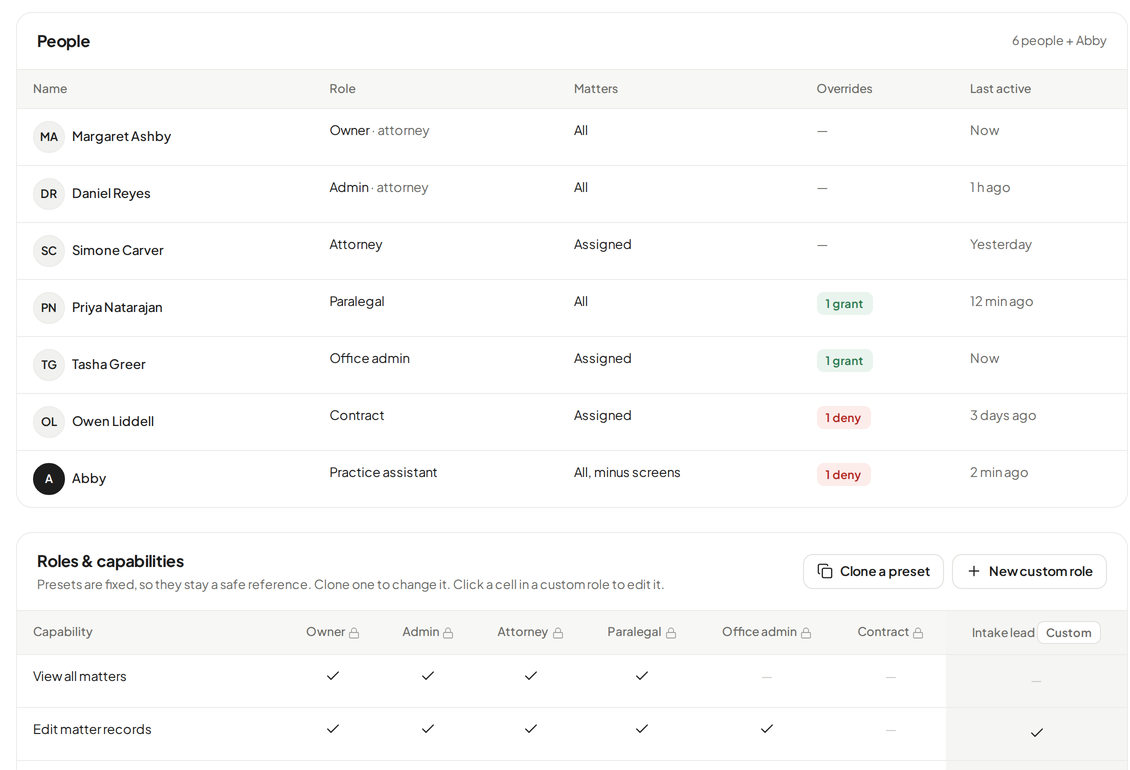 Concept screen of team and roles: a list of people with roles, matter access and overrides, above a grid of capabilities by role